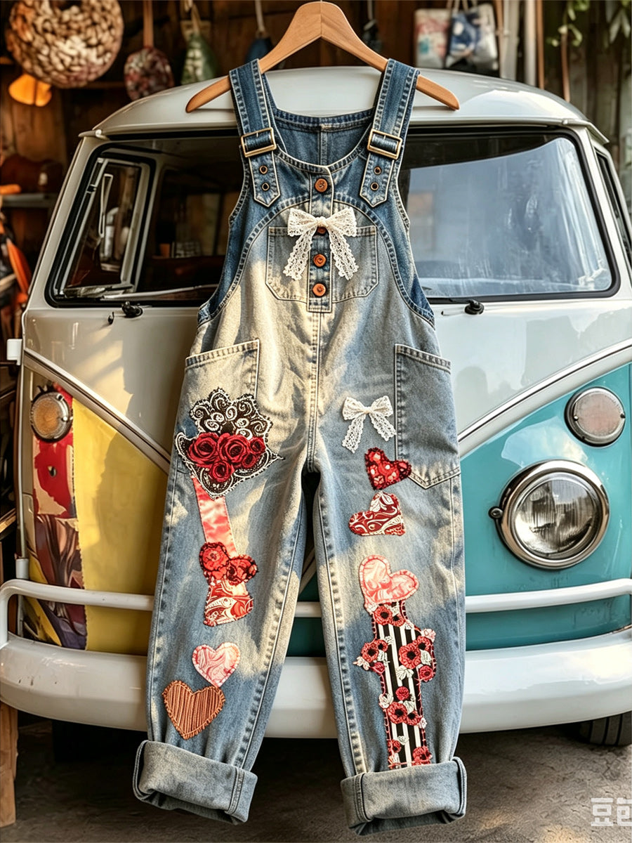 Women's Retro Style Art Print Washed Cotton Denim Patchwork Jumpsuit